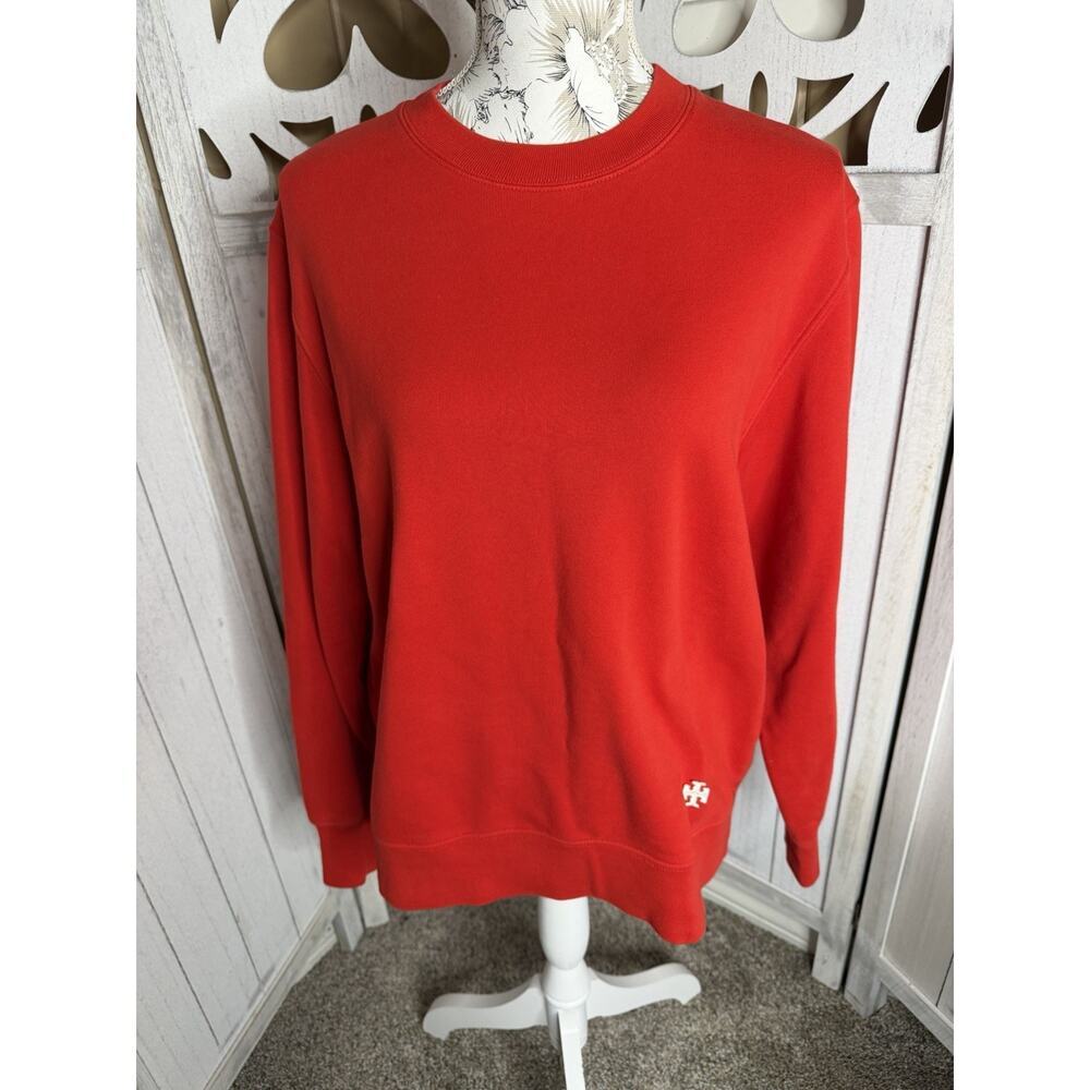 Tory Burch Sport Thick Crewneck Sweater Red Orange White Logo Size Small